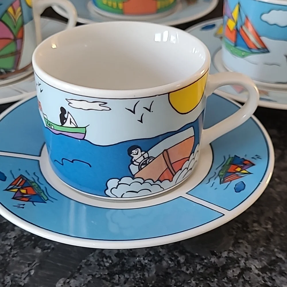 NEW - Nautical Themed Espresso Cups and Saucers - Set of 6 - Picture 2 of 14